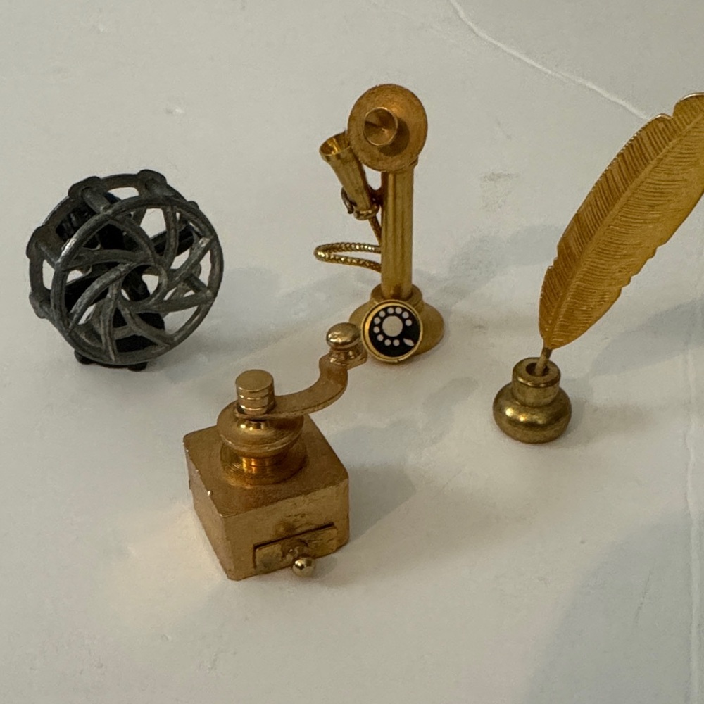 Vintage Dollhouse Miniature Brass and Metal Phone Coffee Grinder Ink Feather Pen